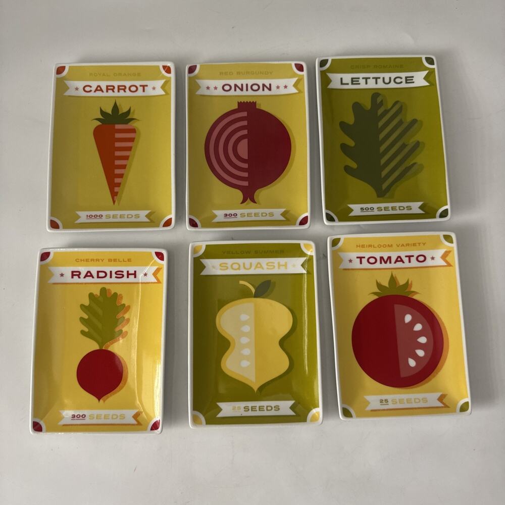 Crate & Barrel Vegetable Seed Packet Appetizer Plates Set of 6 Farmhouse